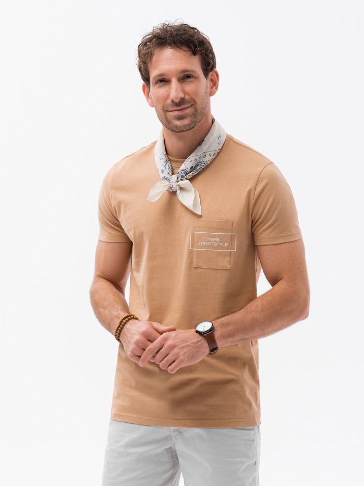 Ombre Clothing Pánske tričko s potlačou Kelneruk svetlo hnedá