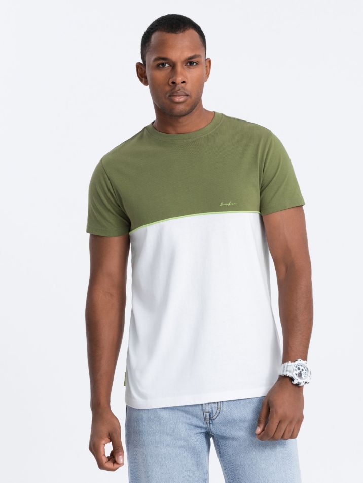 Ombre Clothing Pánske tričko s krátkym rukávom Eliaullech khaki-biela