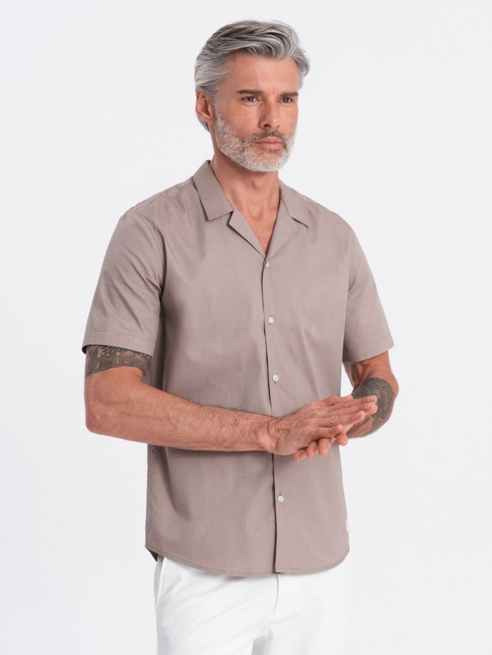 Ombre Clothing Pánska košeľa s krátkym rukávom Nisedes tmavo béžová
